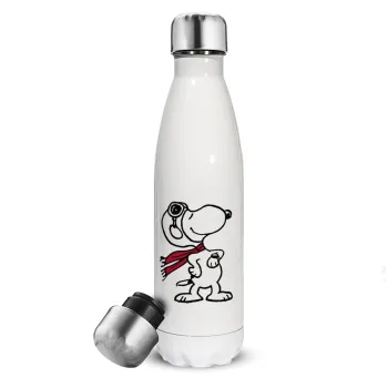 Snoopy ο πιλότος, Μεταλλικό παγούρι θερμός Λευκό (Stainless steel), διπλού τοιχώματος, 500ml