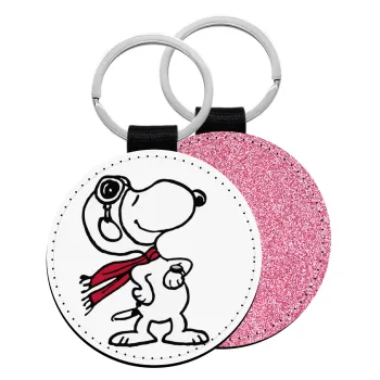 Snoopy ο πιλότος, Μπρελόκ Δερματίνη, στρογγυλό ΡΟΖ (5cm)