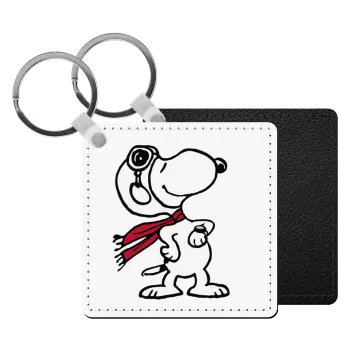 Snoopy ο πιλότος, Μπρελόκ Δερματίνη, τετράγωνο ΜΑΥΡΟ (5x5cm)