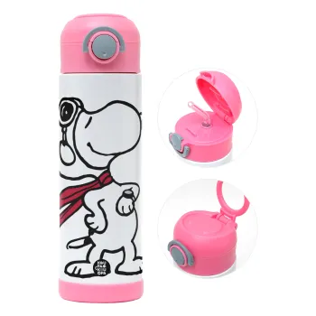 Snoopy ο πιλότος, Children's hot water bottle, stainless steel, with safety straw, PINK (500ml)