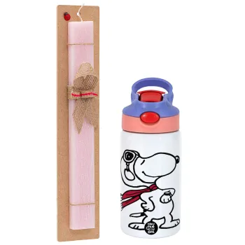 Snoopy ο πιλότος, Easter Set, Children's thermal stainless steel water bottle with safety straw, pink/purple (350ml) & Easter scented flat candle (30cm) (PINK)