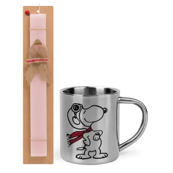 Snoopy ο πιλότος, Πασχαλινή Λαμπάδα με μεταλλική κούπα θερμό (300ml) & κερί αρωματικό πλακέ (30cm) (ΡΟΖ)