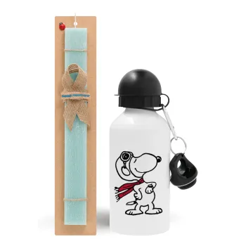 Snoopy ο πιλότος, Easter Set, metallic aluminum water bottle (500ml) & scented flat candle (30cm) (TURQUOISE)