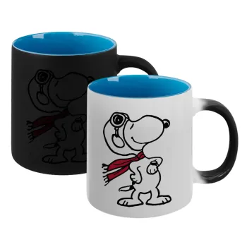 Snoopy ο πιλότος, Κούπα Μαγική εσωτερικό μπλε, κεραμική 330ml που αλλάζει χρώμα με το ζεστό ρόφημα
