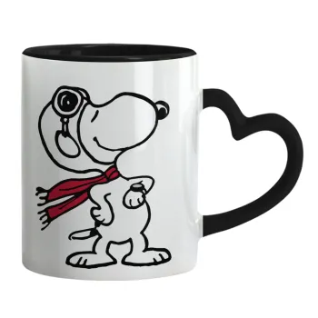 Snoopy ο πιλότος, Κούπα καρδιά χερούλι μαύρη, κεραμική, 330ml