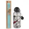 Easter Set, metallic silver aluminum water bottle (500ml) & scented flat Easter candle (30cm) (TURQUOISE)