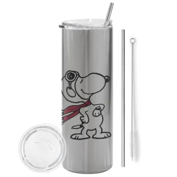 Snoopy ο πιλότος, Tumbler ποτήρι θερμό Ασημένιο από ανοξείδωτο ατσάλι 600ml, με μεταλλικό καλαμάκι & βούρτσα καθαρισμού