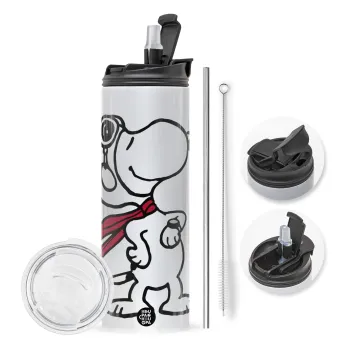 Snoopy ο πιλότος, Travel Tumbler θερμό με διπλό καπάκι, μεταλλικό καλαμάκι και βούρτσα καθαρισμού (Ανωξείδωτο 304 Food grade, BPA free, 600ml)