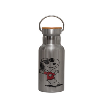 Snoopy καρδούλα, Μεταλλικό παγούρι θερμός (Stainless steel) Ασημένιο με ξύλινο καπακι (bamboo), διπλού τοιχώματος, 350ml