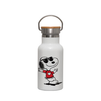 Snoopy καρδούλα, Μεταλλικό παγούρι θερμός (Stainless steel) Λευκό με ξύλινο καπακι (bamboo), διπλού τοιχώματος, 350ml