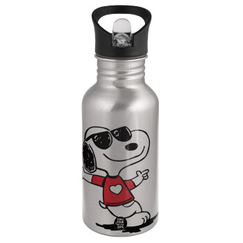 Snoopy καρδούλα, Water bottle Silver with straw, stainless steel 500ml