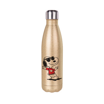 Snoopy καρδούλα, Μεταλλικό παγούρι θερμός Glitter χρυσό (Stainless steel), διπλού τοιχώματος, 500ml