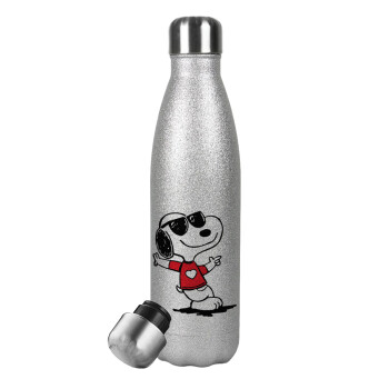 Snoopy καρδούλα, Μεταλλικό παγούρι θερμός Glitter Aσημένιο (Stainless steel), διπλού τοιχώματος, 500ml