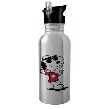 Snoopy καρδούλα, Water bottle Silver with straw, stainless steel 600ml