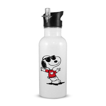 Snoopy καρδούλα, White water bottle with straw, stainless steel 600ml