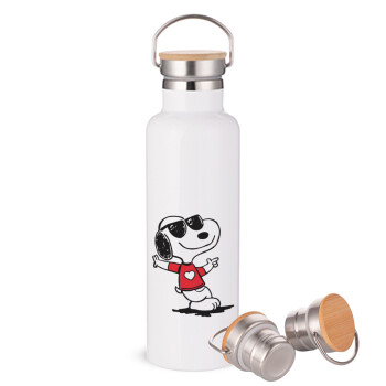 Snoopy καρδούλα, Μεταλλικό παγούρι θερμός (Stainless steel) Λευκό με ξύλινο καπακι (bamboo), διπλού τοιχώματος, 750ml