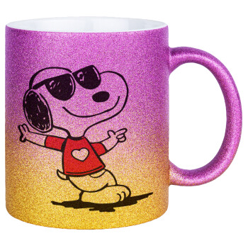 Snoopy καρδούλα, Κούπα Χρυσή/Ροζ Glitter, κεραμική, 330ml