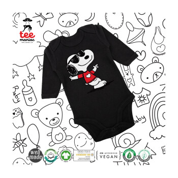 Snoopy καρδούλα, Μακρυμάνικο βρεφικό φορμάκι, 0-18 μηνών, ΜΑΥΡΟ, 100% Organic Cotton