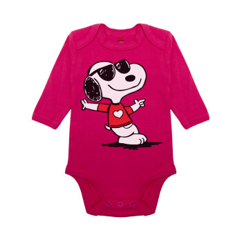 Snoopy καρδούλα, Μακρυμάνικο βρεφικό φορμάκι, 0-18 μηνών, ΡΟΖ, 100% Organic Cotton