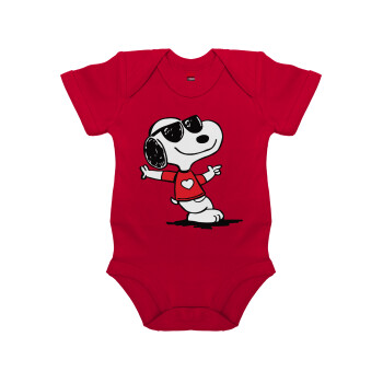 Snoopy καρδούλα, Βρεφικό φορμάκι μωρού, ΚΟΚΚΙΝΟ, 100% Organic Cotton, κοντομάνικο