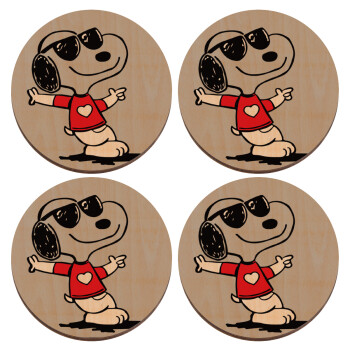 Snoopy καρδούλα, ΣΕΤ x4 Σουβέρ ξύλινα στρογγυλά plywood (9cm)
