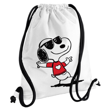 Snoopy καρδούλα, Τσάντα πλάτης πουγκί GYMBAG λευκή, με τσέπη (40x48cm) & χονδρά κορδόνια