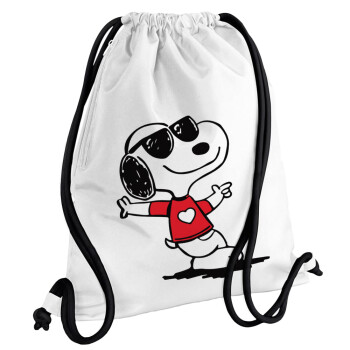 Snoopy καρδούλα, Backpack pouch GYMBAG white, with pocket (40x48cm) & thick cords