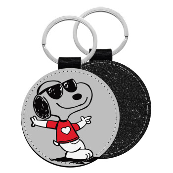 Snoopy καρδούλα, Μπρελόκ Δερματίνη, στρογγυλό ΜΑΥΡΟ (5cm)