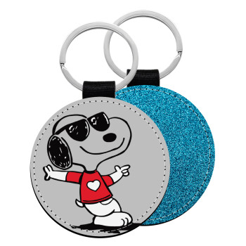 Snoopy καρδούλα, Μπρελόκ Δερματίνη, στρογγυλό ΜΠΛΕ (5cm)