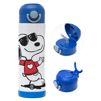 Snoopy καρδούλα, Παιδικό παγούρι θερμό, ανοξείδωτο, με καλαμάκι ασφαλείας, ΜΠΛΕ (500ml)