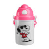 Snoopy καρδούλα, Ροζ παιδικό παγούρι πλαστικό (BPA-FREE) με καπάκι ασφαλείας, κορδόνι και καλαμάκι, 400ml