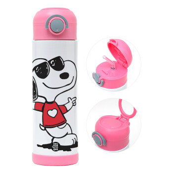 Snoopy καρδούλα, Children's hot water bottle, stainless steel, with safety straw, PINK (500ml)