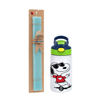 Snoopy καρδούλα, Πασχαλινό Σετ, Παιδικό παγούρι θερμό, ανοξείδωτο, με καλαμάκι ασφαλείας, πράσινο/μπλε (350ml) & πασχαλινή λαμπάδα αρωματική πλακέ (30cm) (ΤΙΡΚΟΥΑΖ)