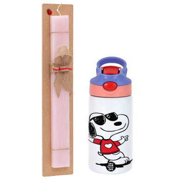 Snoopy καρδούλα, Πασχαλινό Σετ, Παιδικό παγούρι θερμό, ανοξείδωτο, με καλαμάκι ασφαλείας, ροζ/μωβ (350ml) & πασχαλινή λαμπάδα αρωματική πλακέ (30cm) (ΡΟΖ)