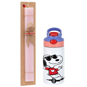 Snoopy καρδούλα, Easter Set, Children's thermal stainless steel water bottle with safety straw, pink/purple (350ml) & Easter scented flat candle (30cm) (PINK)