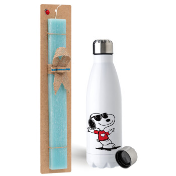 Snoopy καρδούλα, Easter Set, metallic stainless steel water bottle (750ml) & aromatic flat Easter candle (30cm) (TURQUOISE)