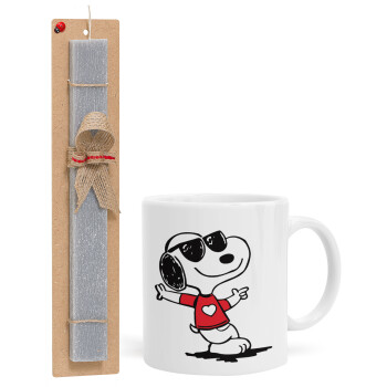 Snoopy καρδούλα, Πασχαλινό Σετ, Κούπα κεραμική (330ml) & πασχαλινή λαμπάδα αρωματική πλακέ (30cm) (ΓΚΡΙ)