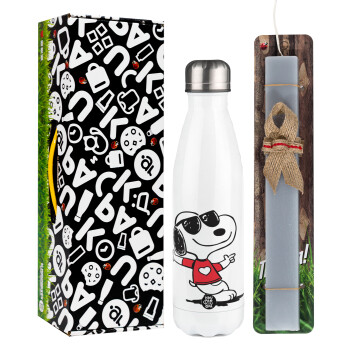 Snoopy καρδούλα, Easter candle, metallic white thermos bottle (500ml) & aromatic flat candle (30cm) (GRAY)