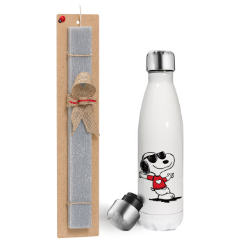 Snoopy καρδούλα, Πασχαλινή λαμπάδα, μεταλλικό παγούρι θερμός λευκός (500ml) & λαμπάδα αρωματική πλακέ (30cm) (ΓΚΡΙ)