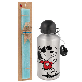 Snoopy καρδούλα, Easter Set, metallic silver aluminum water bottle (500ml) & scented flat Easter candle (30cm) (TURQUOISE)