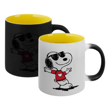 Snoopy καρδούλα, Κούπα Μαγική εσωτερικό κίτρινη, κεραμική 330ml που αλλάζει χρώμα με το ζεστό ρόφημα (1 τεμάχιο)