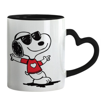 Snoopy καρδούλα, Κούπα καρδιά χερούλι μαύρη, κεραμική, 330ml