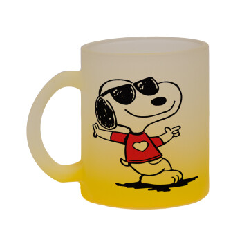 Snoopy καρδούλα, Κούπα γυάλινη δίχρωμη με βάση το κίτρινο ματ, 330ml
