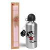 Easter Set, metallic Silver aluminum water bottle (500ml) & scented flat Easter candle (30cm) (PINK)