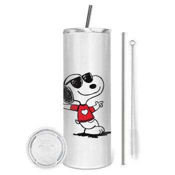 Snoopy καρδούλα, Eco friendly ποτήρι θερμό (tumbler) από ανοξείδωτο ατσάλι 600ml, με μεταλλικό καλαμάκι & βούρτσα καθαρισμού