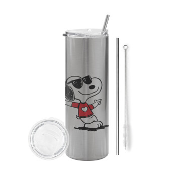 Snoopy καρδούλα, Eco friendly stainless steel Silver tumbler 600ml, with metal straw & cleaning brush