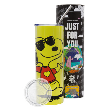 Snoopy καρδούλα, Neon Yellow Travel Tumbler θερμό, μεταλλικό καλαμάκι(Ανωξείδωτο 304 Food grade, BPA free, 600ml)
