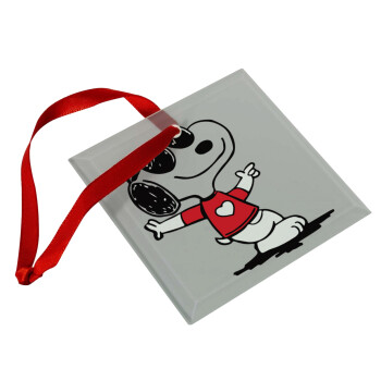 Snoopy καρδούλα, Χριστουγεννιάτικο στολίδι γυάλινο τετράγωνο 9x9cm
