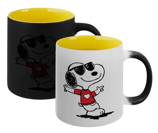 Snoopy καρδούλα — Κούπα Μαγική εσωτερικό κίτρινη, κεραμική 330ml που αλλάζει χρώμα με το ζεστό ρόφημα