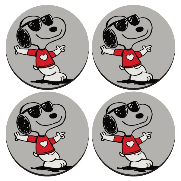 Snoopy καρδούλα — ΣΕΤ 4 Σουβέρ ξύλινα στρογγυλά (9cm)